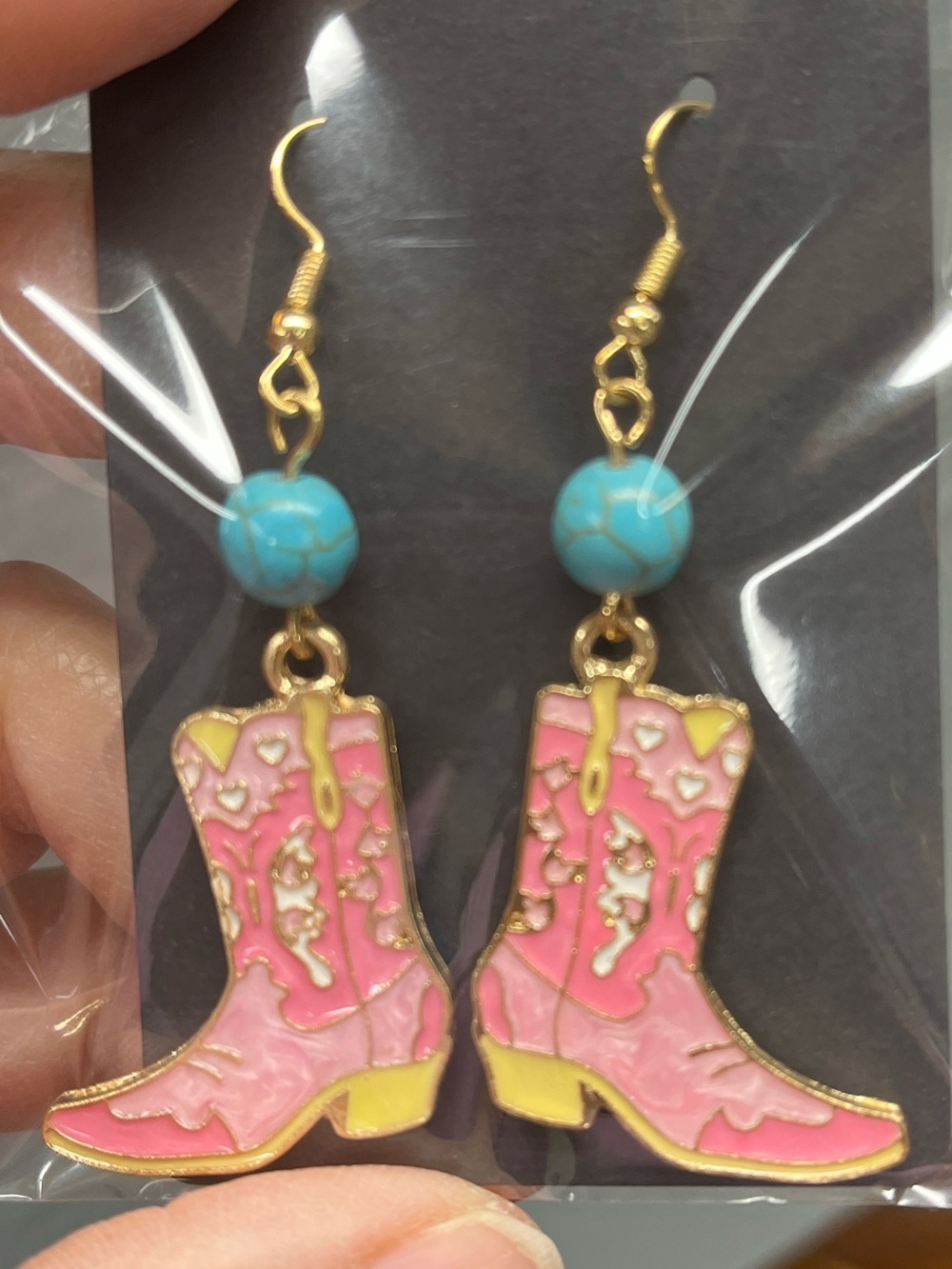Pink Western Boot Dangle Hook Earrings with Turquoise Bead